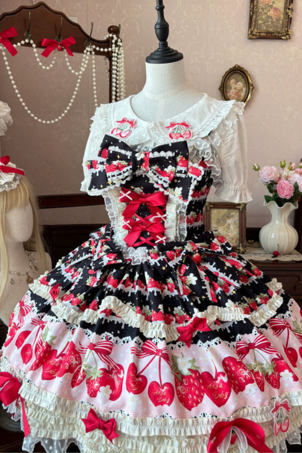 ストロベリーロリータジャンパースカート+ラビットヘアスカーフ+ビッグリボン+トップス+ハット+ボンネット