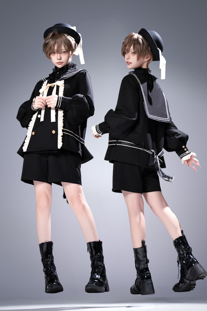 College Style Prince Sailor Collar Jacket Shorts Set + Hat