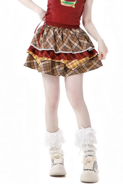 オーバーシャツ＋ノースリーブトップス＋ケーキスカート