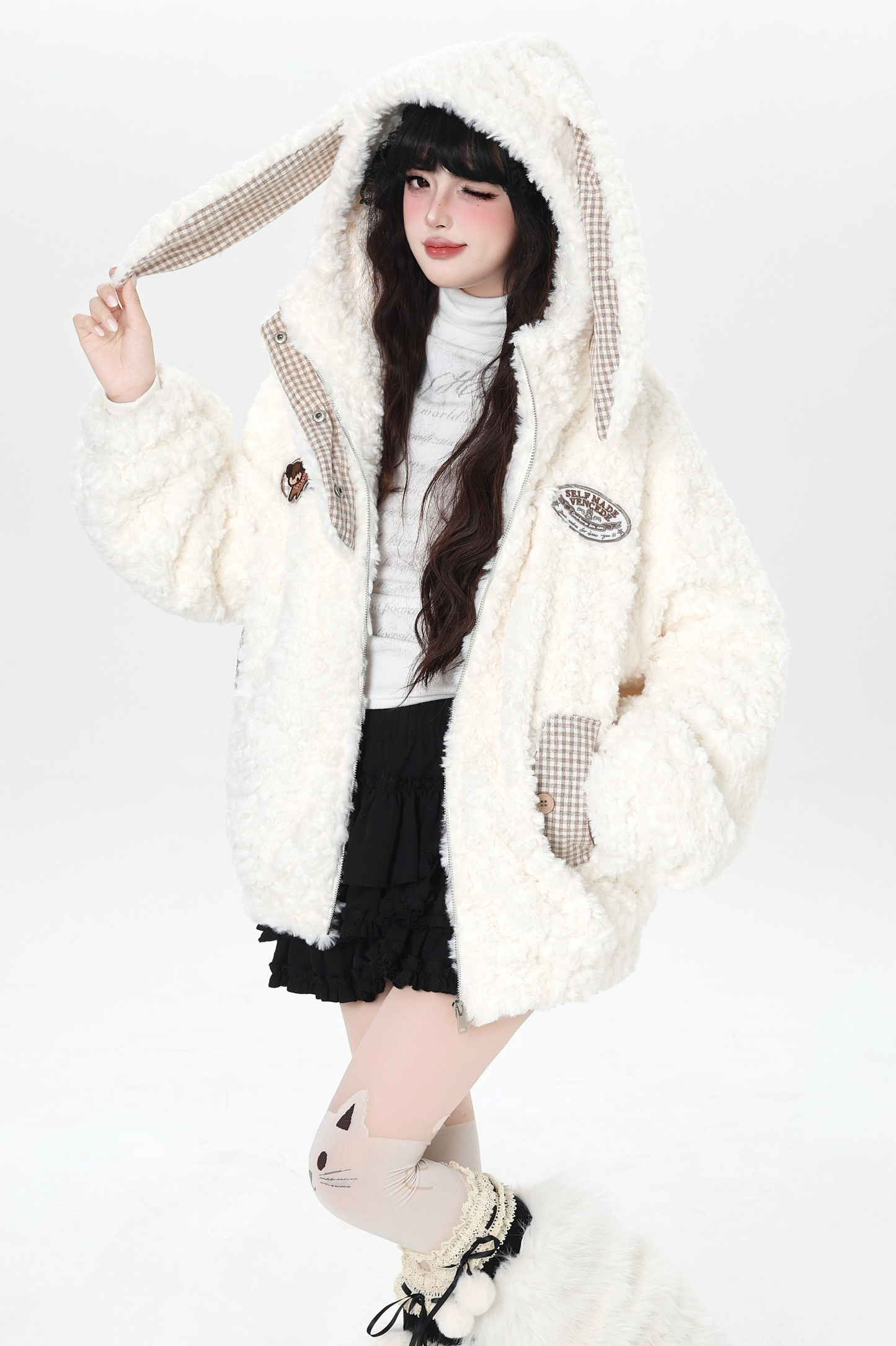 Check Long Bunny Ear Fur Jacket