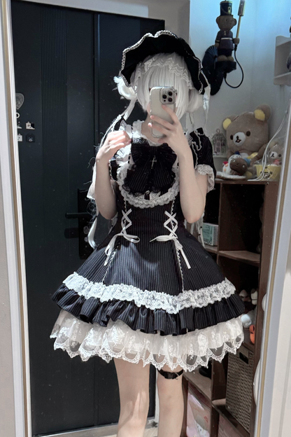 ダークレースアップストライプドロリータドレス+ラビットハット+スリーブ