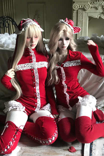 レースクロスタートルネックトップス+レースショートパンツ