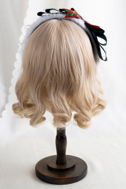 クリスマスチェックヘアーオーナメントリボンクリップ+ハットクリップ+ヘアバンド