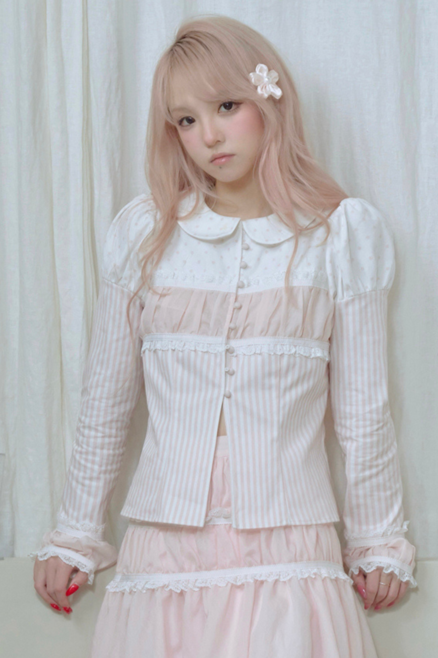 ストライプドールカラーパフスリーブシャツ