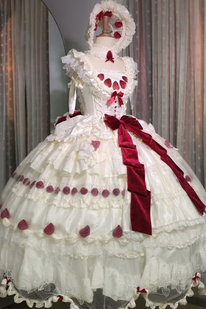 [3월 13일 예약마감] 스트로베리 크림 롤리타 원피스 + 케이크 모자 + 꼬리 + 보닛 + 페티코트