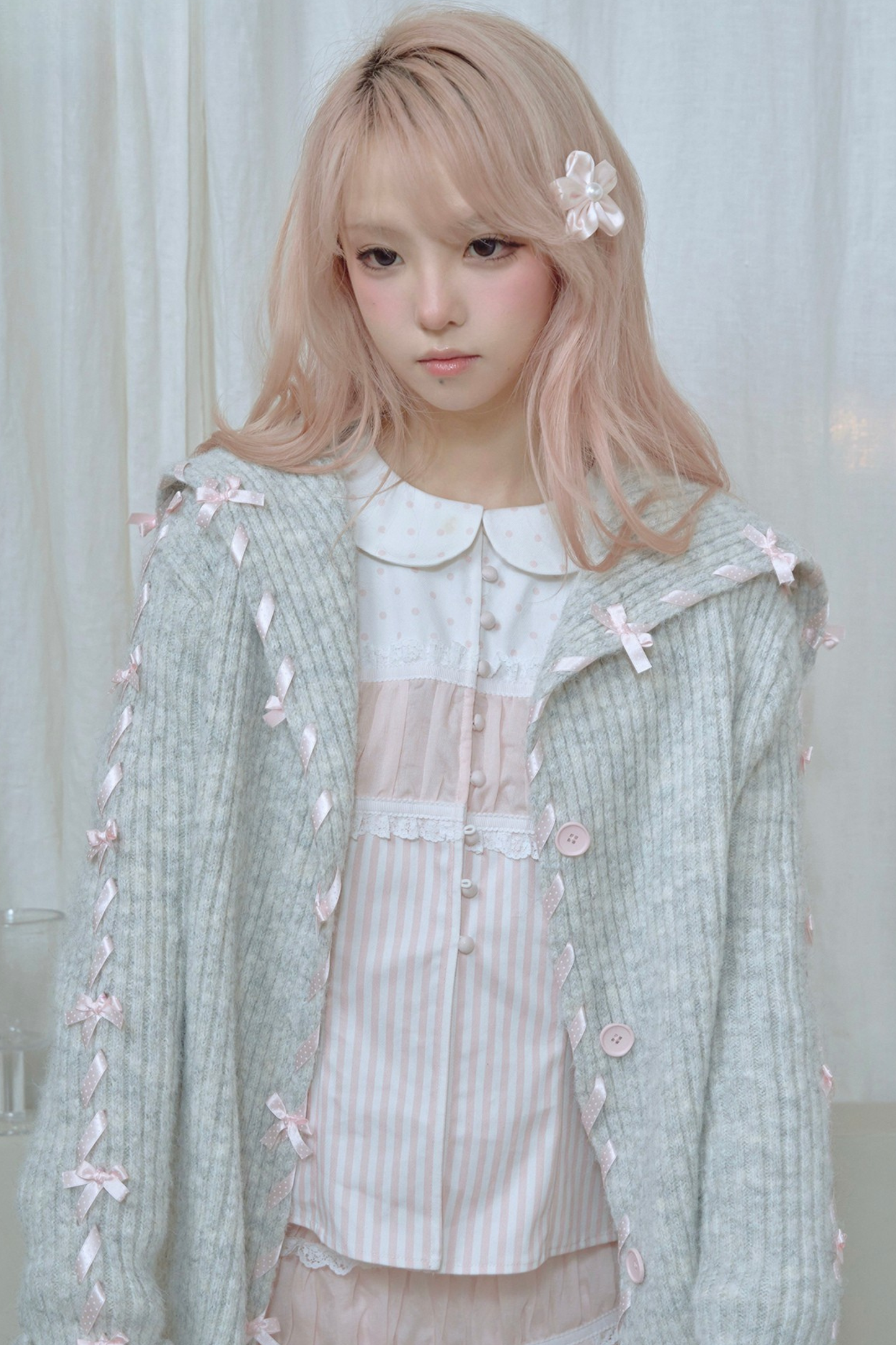 レースアップラインリボンニットカーディガン