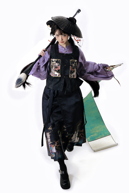 Dark china shirt + vest + skirt