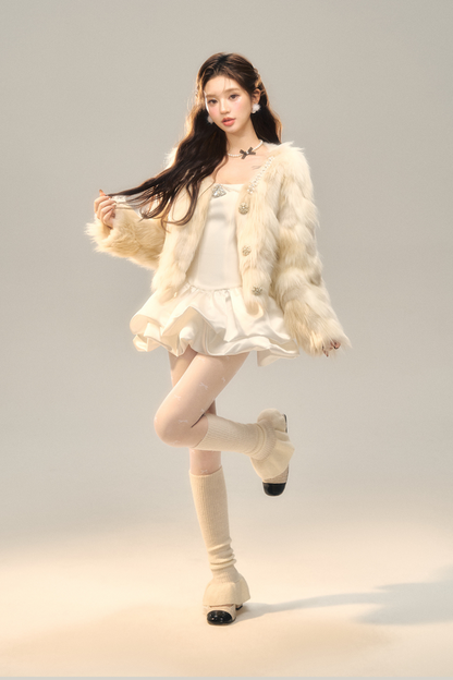 Wine Champagne Color Eco Fur Jacket