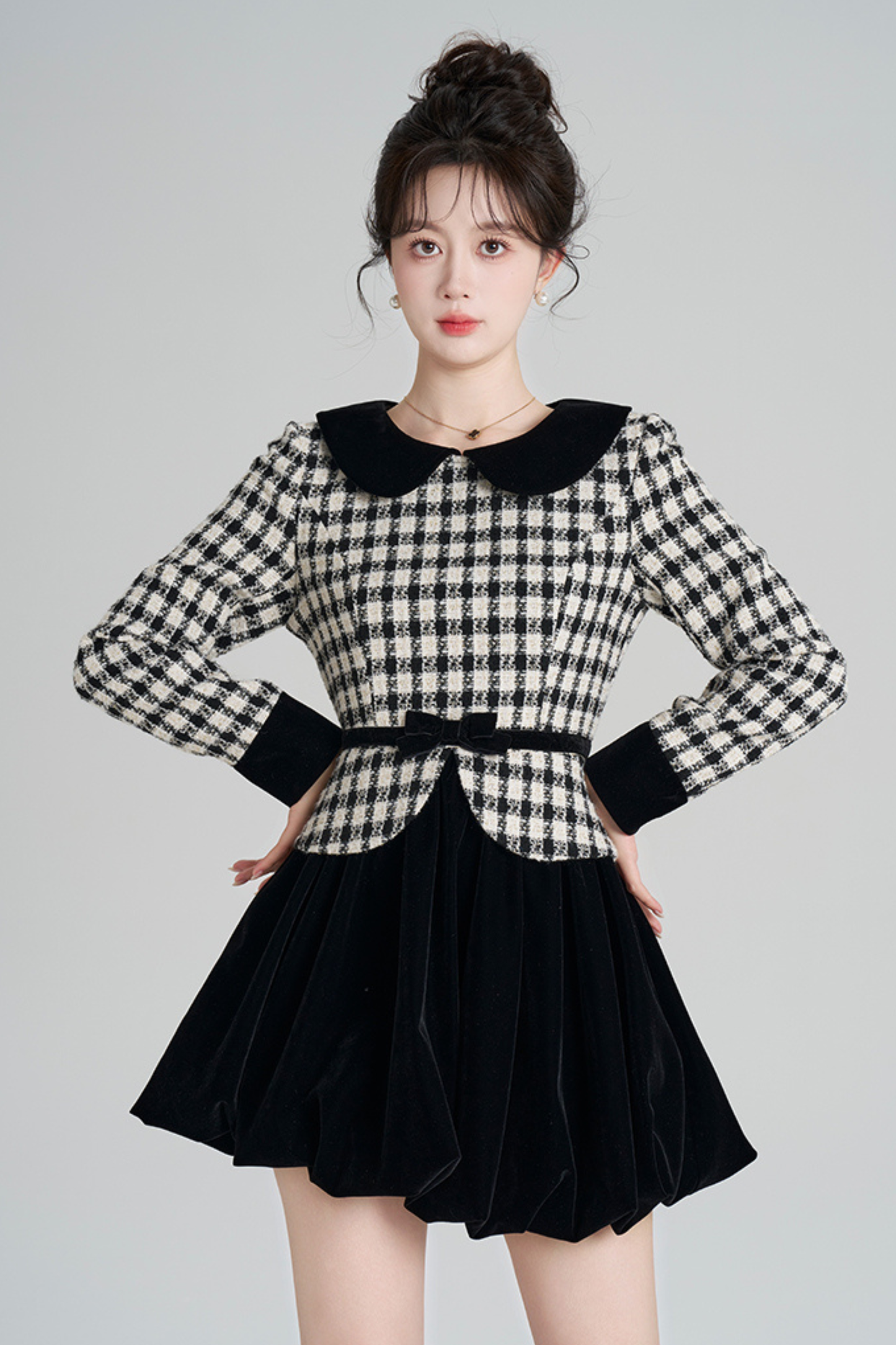 ベルベットモノクロチェックドレス