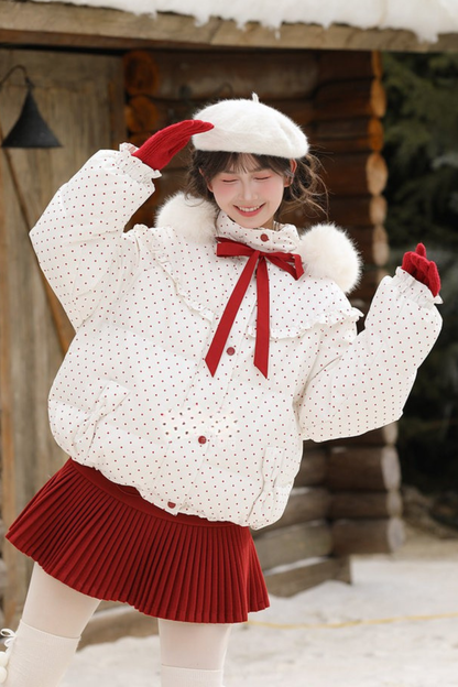 レッドドットリボンフードダウンジャケット