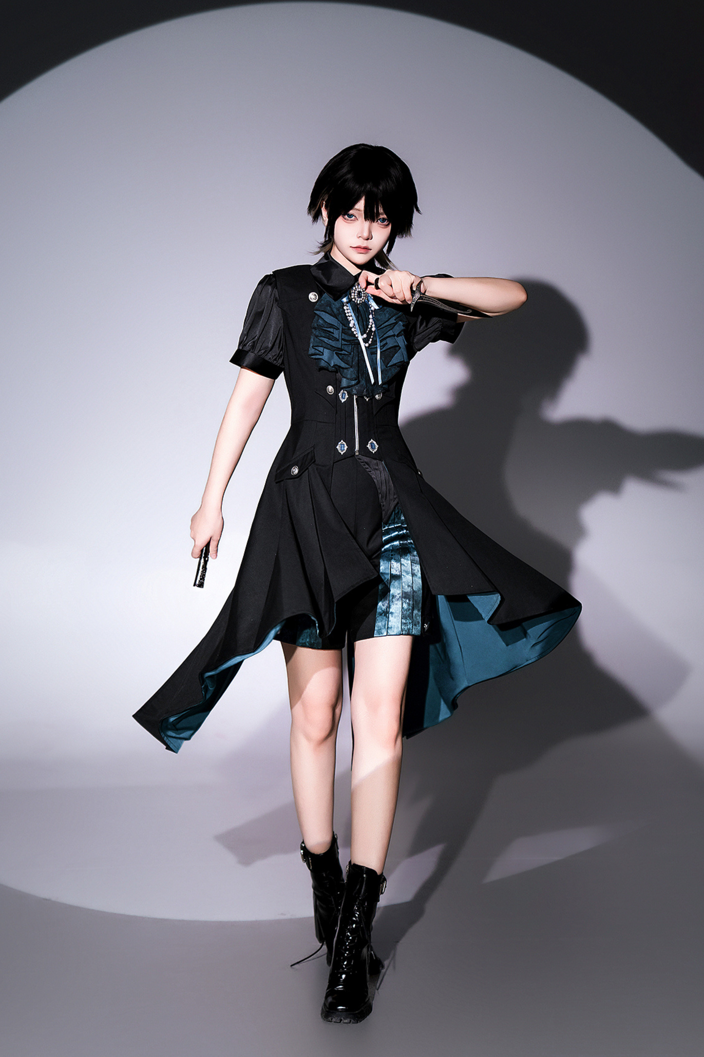 Dark mode asymmetrical jacket + dress + pants