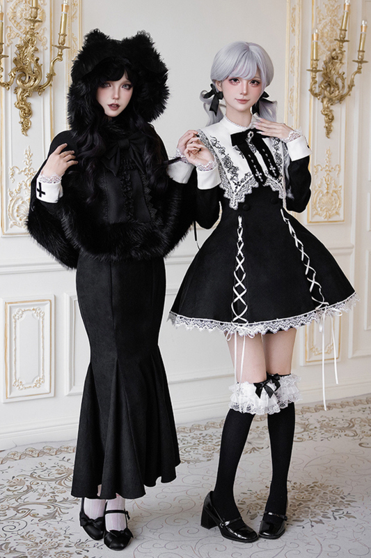 シックマーメイドドレス+レースアップショートドレス+マントコート+カラー+リボンブローチ