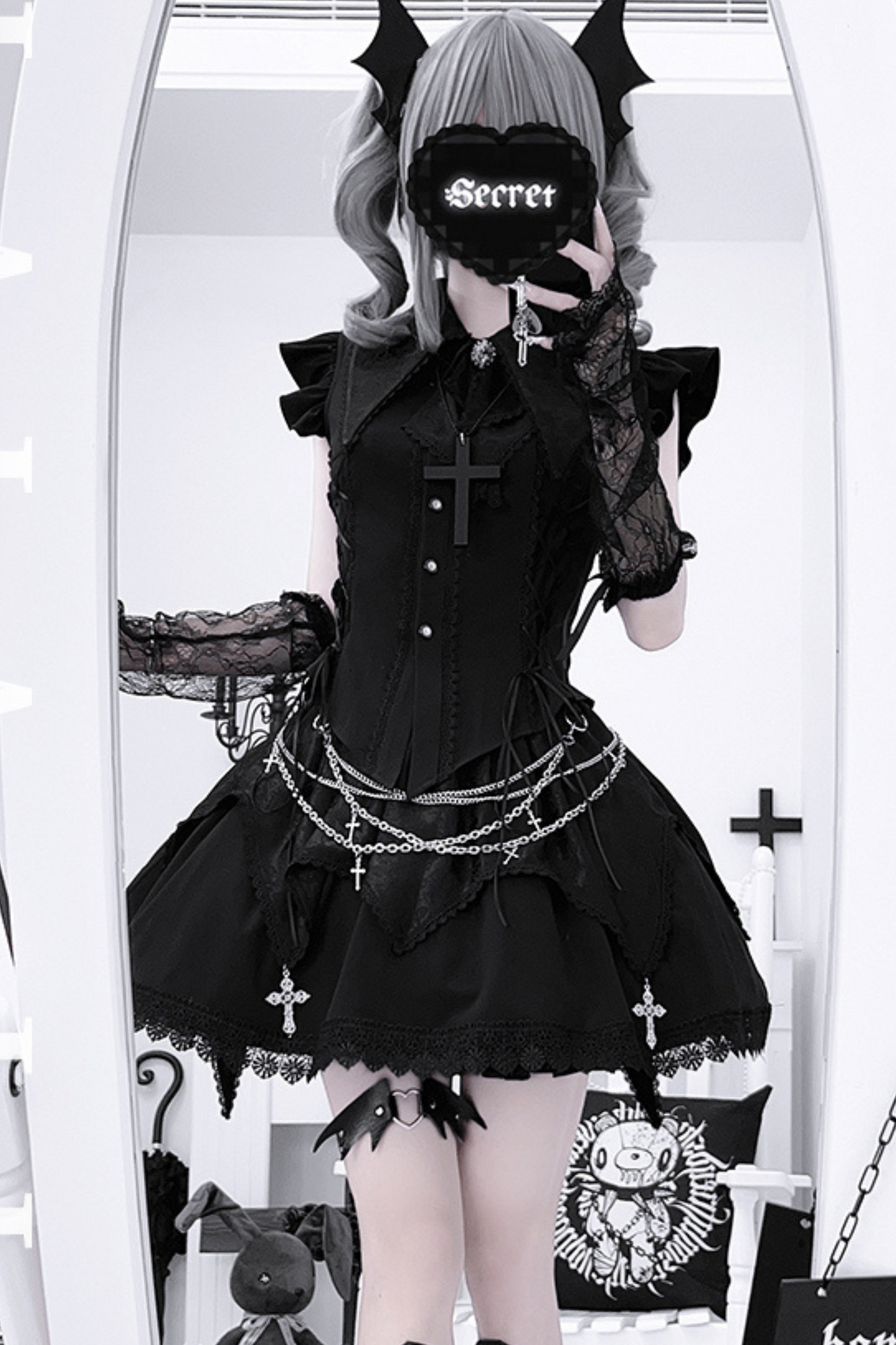 ダークゴシックサブカルチャーストラップセットアップ＋リボン＋チェーン