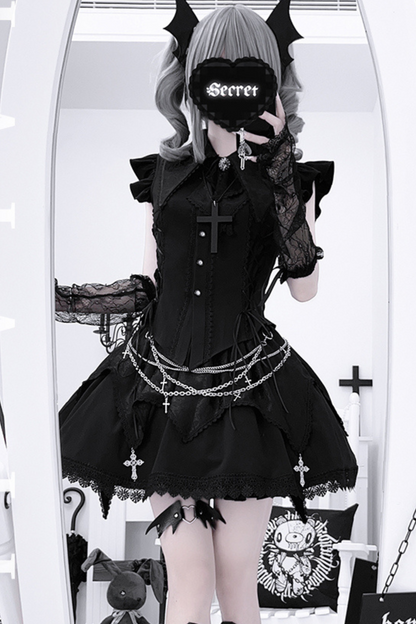 ダークゴシックサブカルチャーストラップセットアップ＋リボン＋チェーン