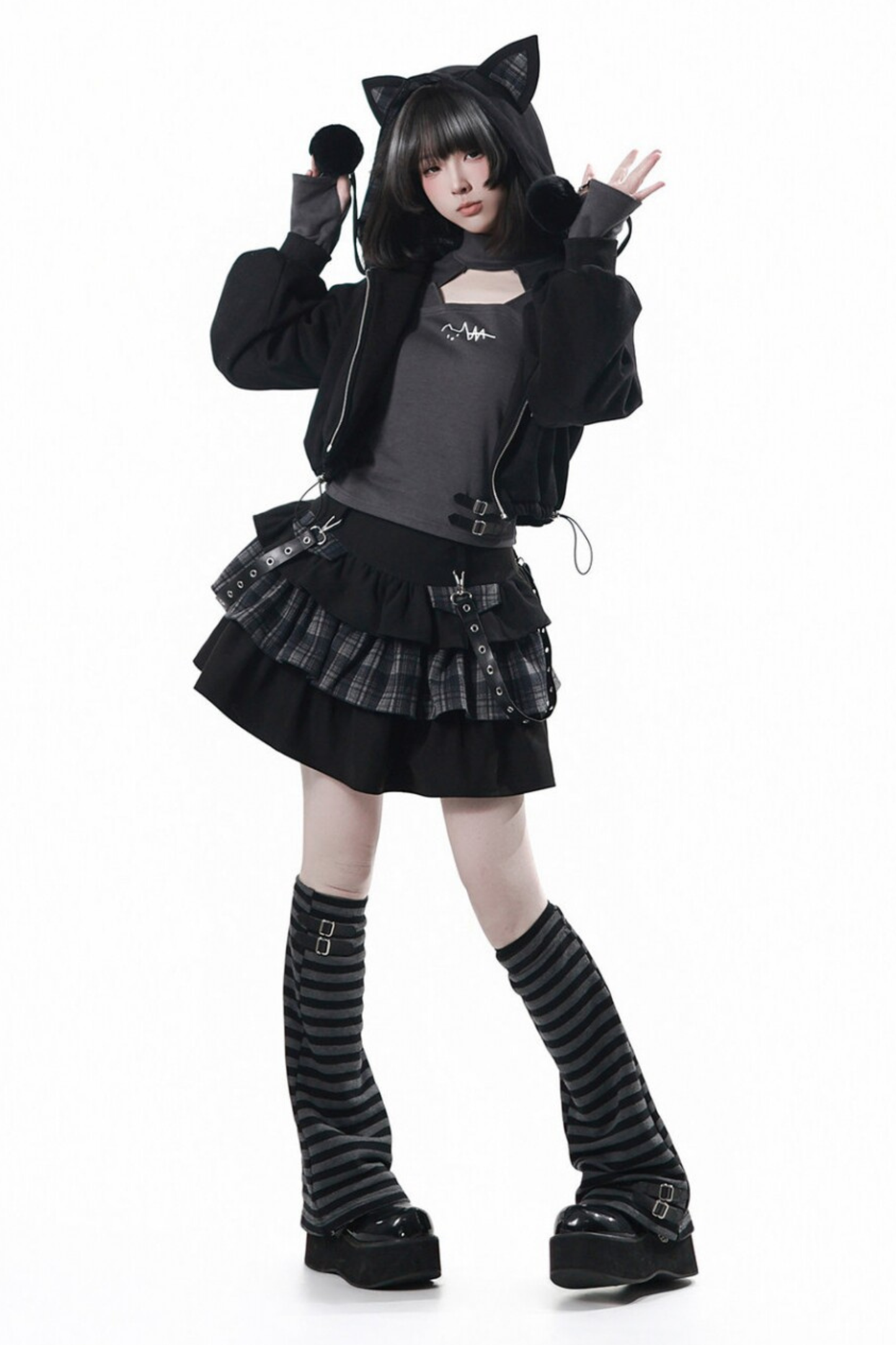 貓耳外套+蛋糕裙+上衣+條紋腿套