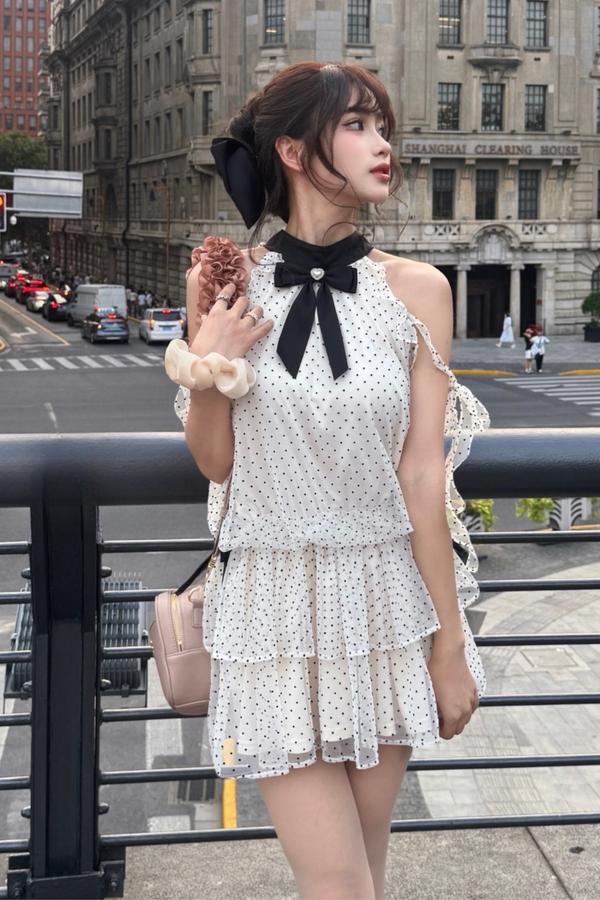 Off Shoulder Polka Dot Ribbon Dress