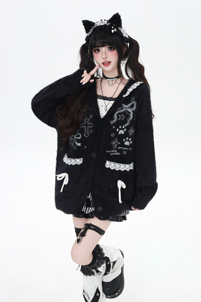 Lace hooded cardigan with rabbit ears