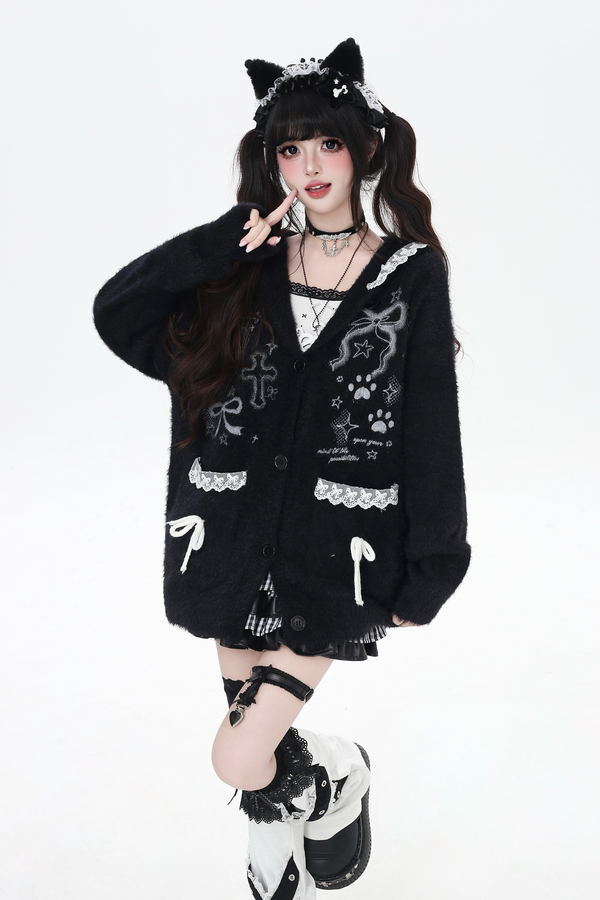 Lace hooded cardigan with rabbit ears