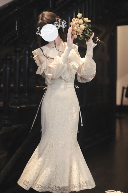 エレガントクリアシフォンビッグリボンシャツ+マーメイドスカート