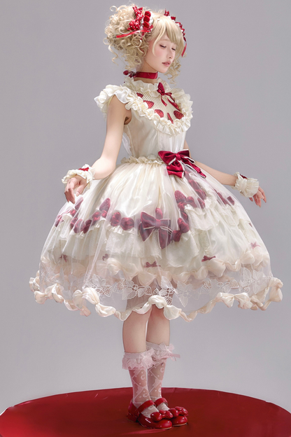 [3월 13일 예약마감] 스트로베리 크림 롤리타 원피스 + 케이크 모자 + 꼬리 + 보닛 + 페티코트