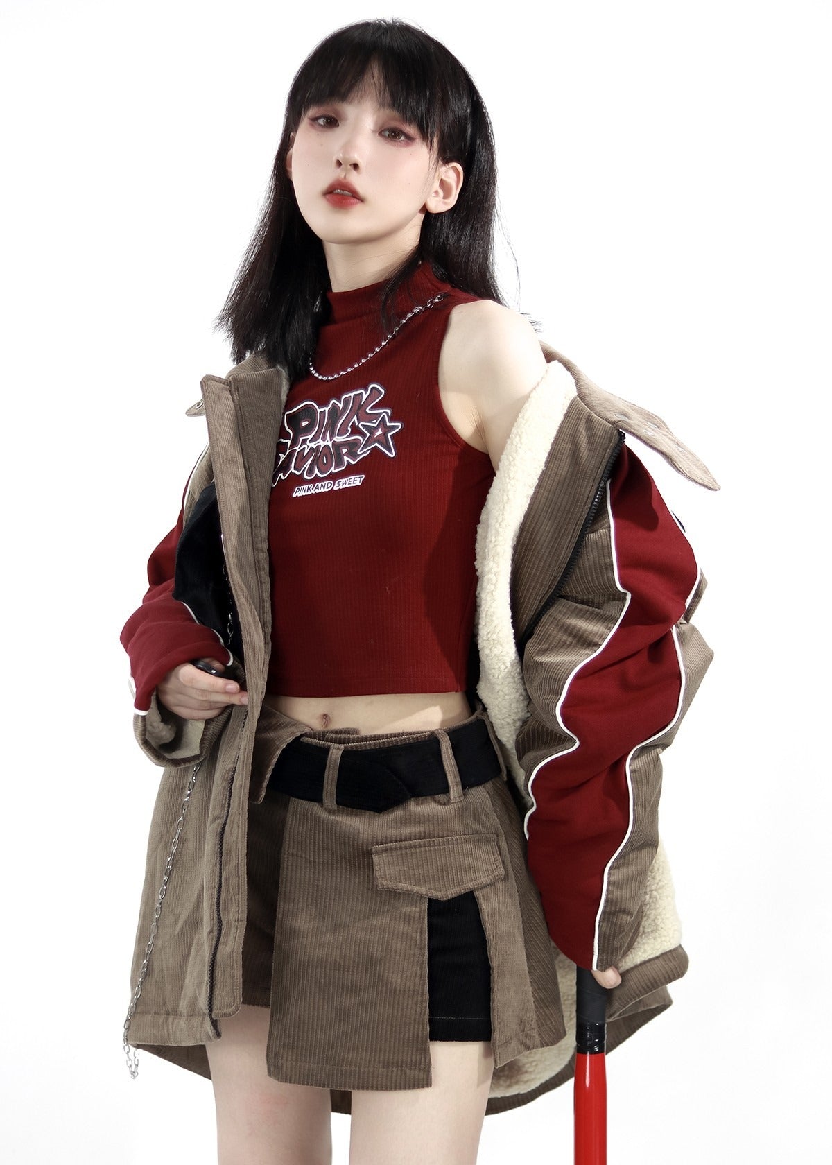 Limited Khaki Corduroy Splicing Skirt Pants Sweatshirt Collection Set