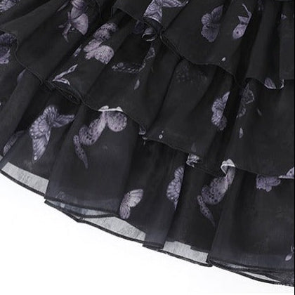 [Scadenza prenotazione 98] Mini abito dolce Lolita a balze con ricamo di gigli, fiocco e farfalla Black x Purple / White x Purple
