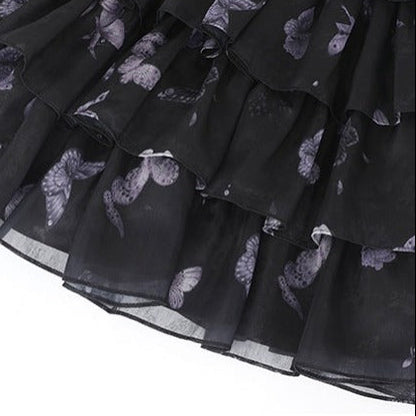 [Scadenza prenotazione 98] Mini abito dolce Lolita a balze con ricamo di gigli, fiocco e farfalla Black x Purple / White x Purple