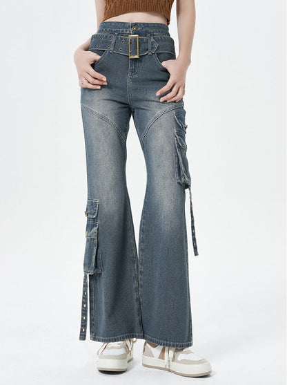 Retro wash design street belt flared denim