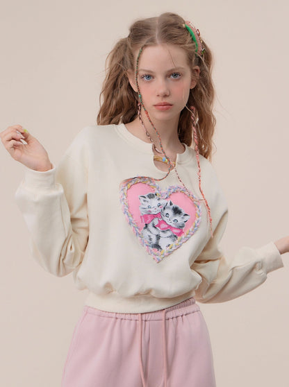 Short Loose American Retro Love Cat Sweatshirt