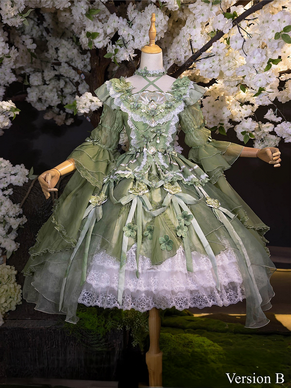 [Pre-order Deadline: June 28] Purple/Green Floral Sweet Lolita Ribbon Tulle Layered Princess Sleeve Dress Versiona/B