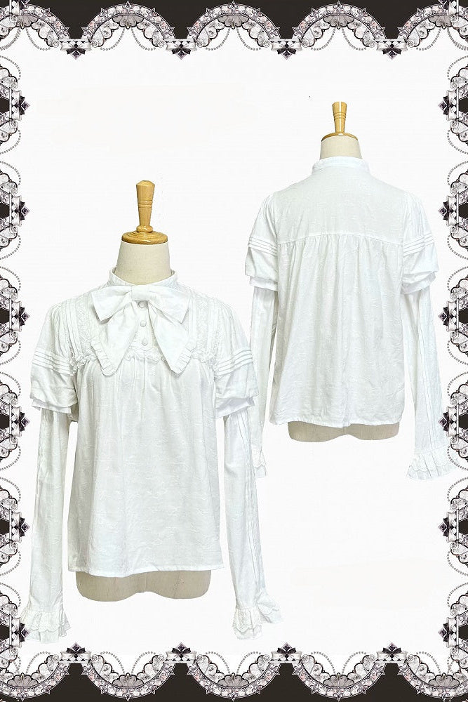 【10月3日予約締切】Black/White Elegant Gothic Lace Puff Sleeve Shirt with Detachable Sleeves and Bow Tie