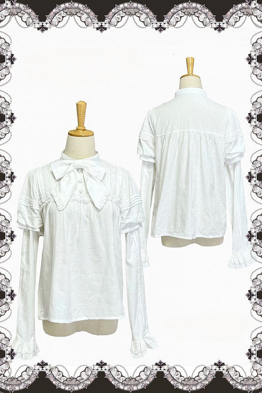 【10月3日予約締切】Black/White Elegant Gothic Lace Puff Sleeve Shirt with Detachable Sleeves and Bow Tie