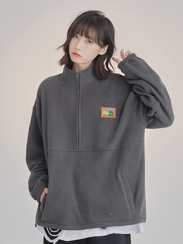 Zip Stand Collar Oversized Loose Fleece Pullover