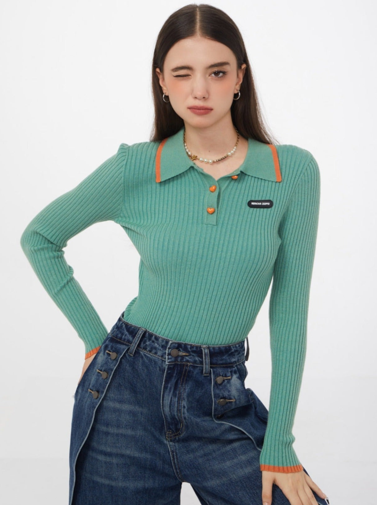 Slim American Retro Polo Collar Ribbed Top