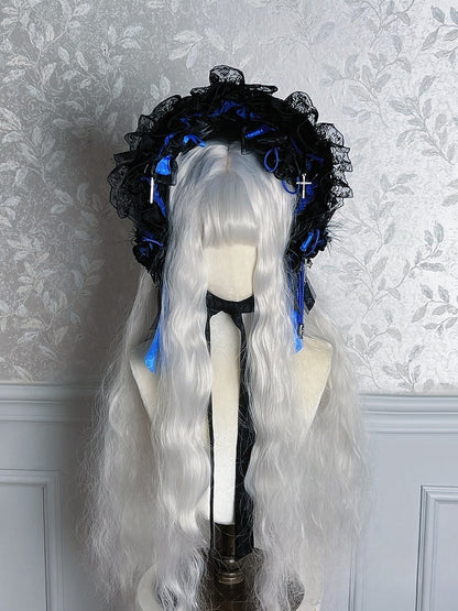 Black Mist Banquet Gothic Cross Rose Bonnet + Veil + Brooch