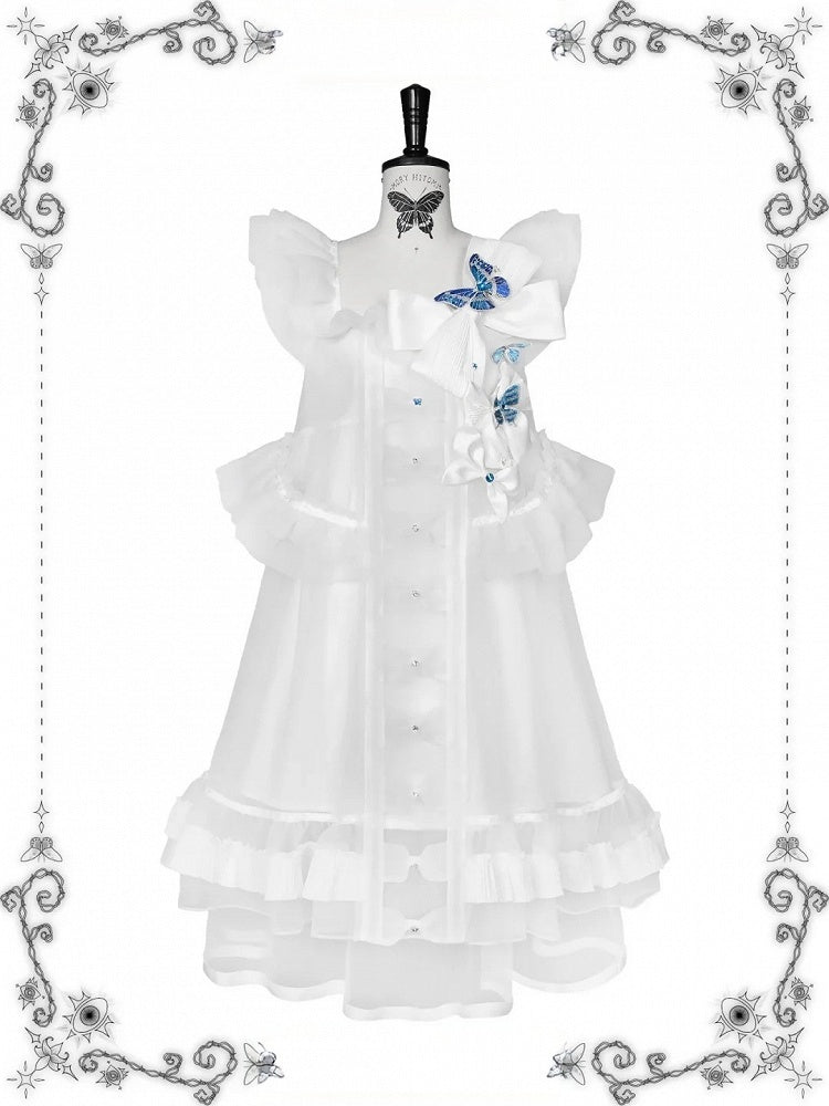 [Vorbestellfrist: 1014] Schwarz/weißes Gothic-Lolita-Set aus Puppenkleid mit Schmetterlingsschleife, Bandkragen und Flatterärmeln + Puppenkleid mit eckigem Ausschnitt und Flatterärmeln