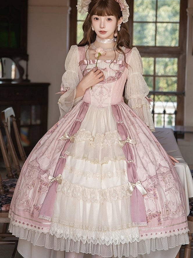 [Pre-order Deadline: April 26] Rococo Antique Lace Tiered Ribbon Pink Lolita Dress + Bonnet