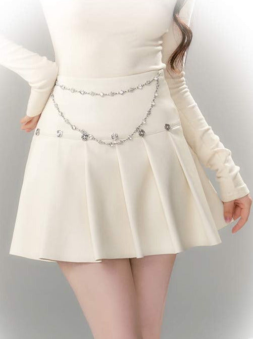 Metal Rose Diamond Chain Pleated Leather Skirt