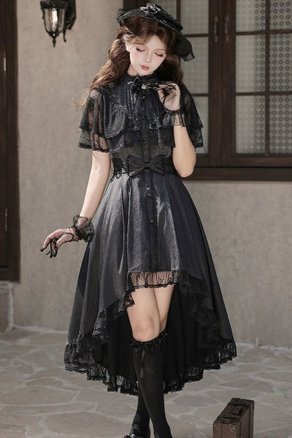 【10月8日予約締切】Black Classic Lolita Black Bow High-Low Dress(Sheer lace hem version / Plain satin frill hem version)