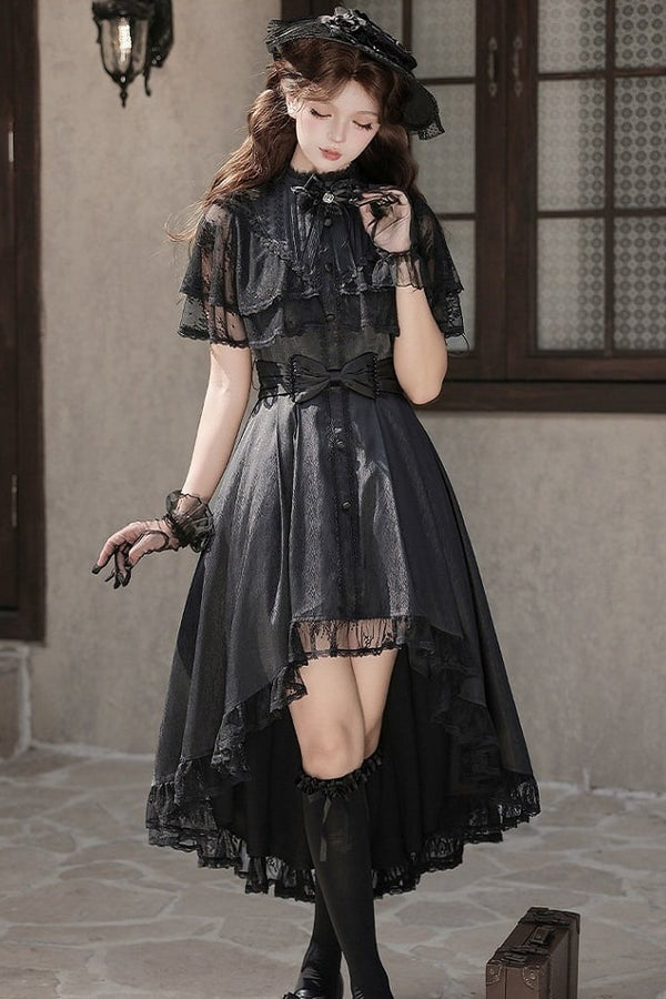 【10月8日予約締切】Black Classic Lolita Black Bow High-Low Dress(Sheer lace hem version / Plain satin frill hem version)