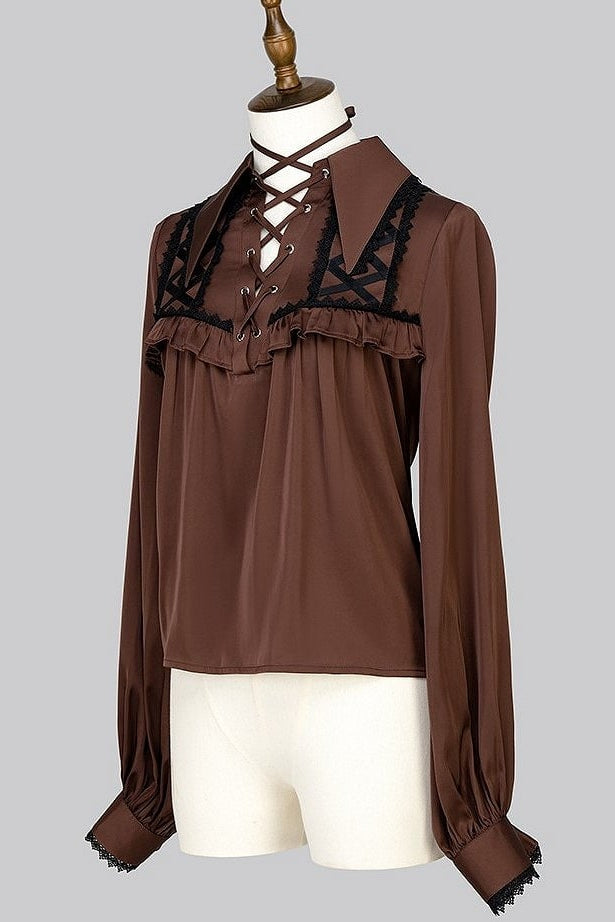 【12月29日予約締切】ゴシックロリータポインテッドカラーアンドレースアップリボンフリルシャツ