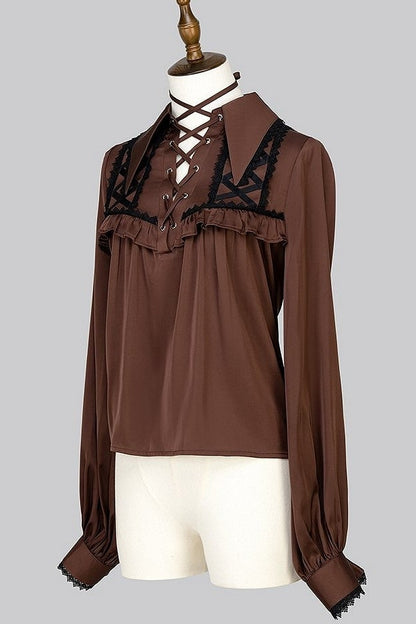 【12月29日予約締切】ゴシックロリータポインテッドカラーアンドレースアップリボンフリルシャツ