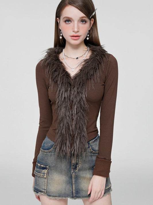 Retro Brown Slim V-Neck Fur Tops