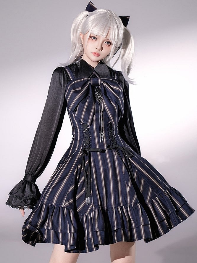 【12月29日予約締切】ゴシックロリータストライプリボンサスドレス