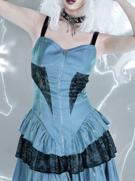 Y2K Virtual Track Cool Punk Suspender Tiered Dress