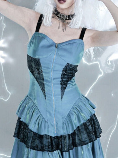 Y2K Virtual Track Cool Punk Suspender Tiered Dress