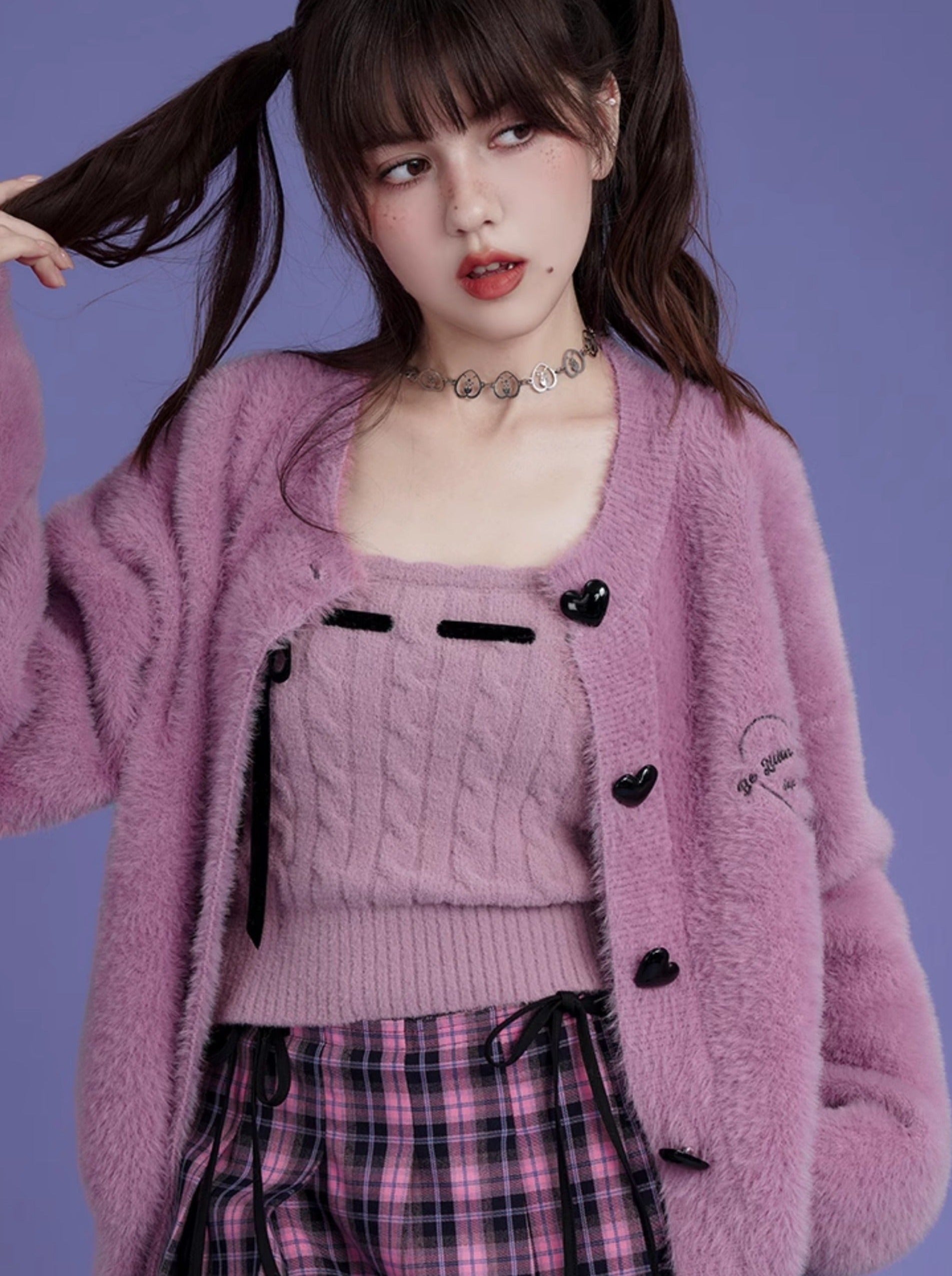 Strawberry toffee fur love button cardigan + tight camisole