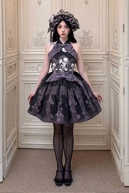 [Scadenza prenotazioni 98] Abito Lolita stile cinese con scollo all'americana, fiocco e ricamo giglio effetto vetrata, nero x viola / bianco x viola