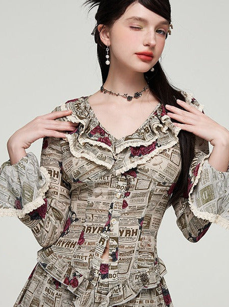 スイートスパイシーローズプリントラッフルシャツスカートセットアップ