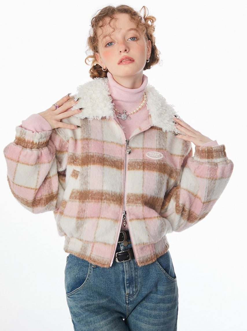 Pink Check Bore Color Short Jacket